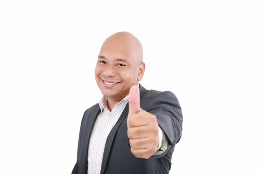 young business man going thumb up, isolated on white