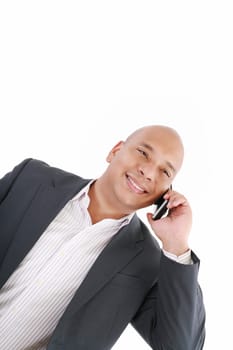 Business man talking on cell phone. Pleasant Look. One White. Business Casual Look