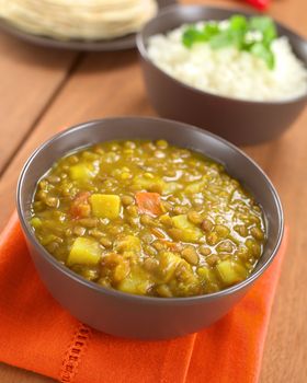 Bowl of spicy Indian dal (lentil) curry prepared with carrot and potato, rice and chapati flatbread in the back (Selective Focus, Focus one third into the curry)