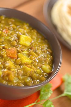 Bowl of spicy Indian dal (lentil) curry prepared with carrot and potato, chapati flatbread in the back and cilantro leaf on the side (Selective Focus, Focus in the middle of the curry)