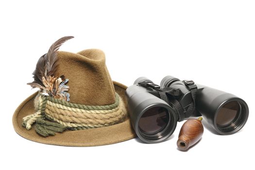hunting equipment - hat, binoculars and game call for foxes