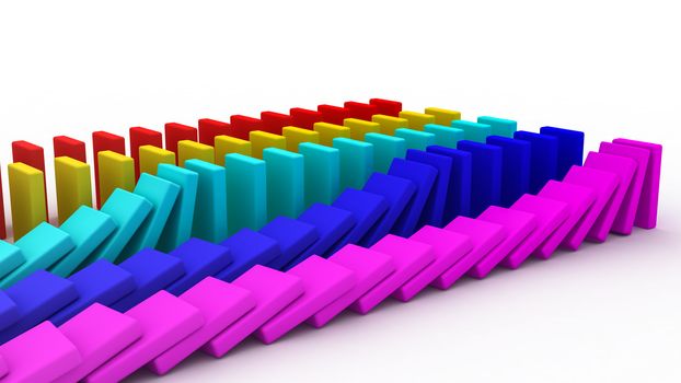 3D rendering of falling blocks representing a domino effect