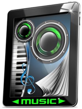 Black tablet computer concept of music on white background
