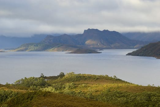 A panoramic view of Lake Pedder in the Tasmanian wilderness, Australia