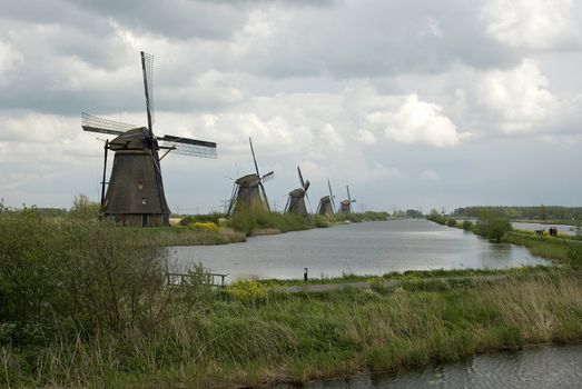 dutch windmills at famous place called kinderdijk