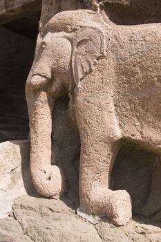 Elephant statue in the cliff marking the entrance to the ancient Buddhist cave temples at Ajanta, near Aurangabad, India. 2nd Century BC to 6th Century AD