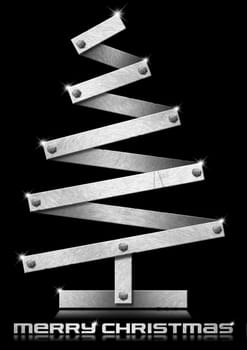 Metal Christmas tree with bolts heads on black background
