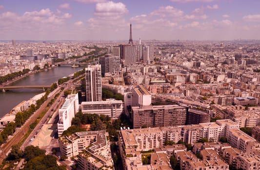 aerial view over paris with eiffel tower