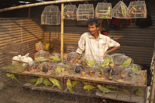 Man selling birds in small cages at the Sonepur Livestock Fair, Bihar, India