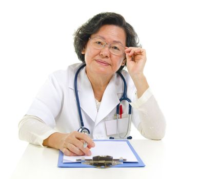 Asian senior female doctor portrait isolated on white background