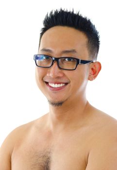 Sexy Asian man smiling over white background