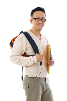 Asian college boy holding file folder isolated on white