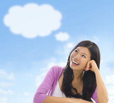 Asian girl having a thought bubble over blue sky