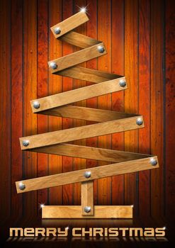 Wooden Christmas tree with bolts heads on wood background

