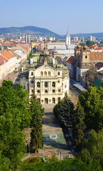 Aerial view of City Hall of slovakian city Kosice with fountains in front of it