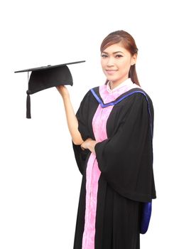 woman with graduation cap and gown on white background