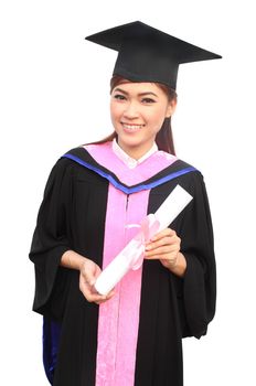 young woman with graduation cap and gown with arm raised holding diploma