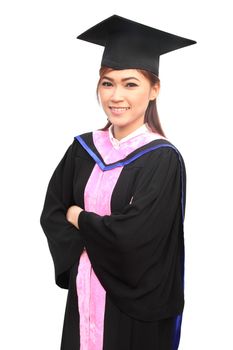 woman with graduation cap and gown on white background