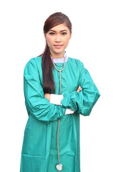 female doctor wearing a green scrubs and stethoscope on white background