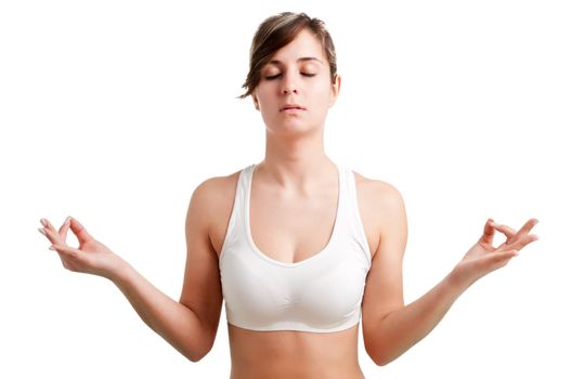 Woman doing yoga isolated on a white background