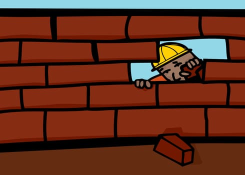 Bricklayer peeking through hole in brick wall