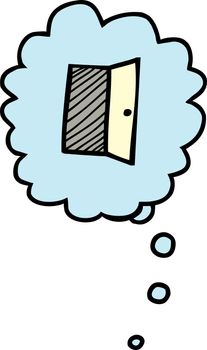 Cartoon of opened door in thought bubble over white