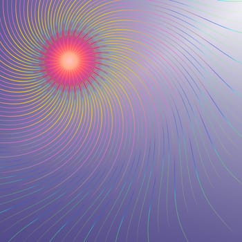 Abstract illustration depicting swirling colorful lines against a violet background with backlit light filter.