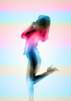 Image with a blurred female silhouette against colour background