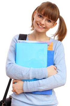 Happy smiling student standing and holding books