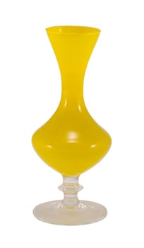 Retro glass yellow vase isolated on white. Old decorative object.
