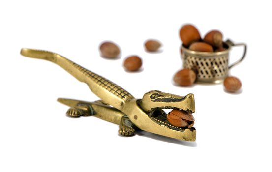Steel crocodile tool for nut crush crack and cup of cobnut nut isolated on white.