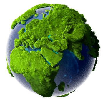 Earth with a pure transparent ocean is completely covered with lush green grass - a symbol of a clean environment, rich in natural resources and good environmental conditions.