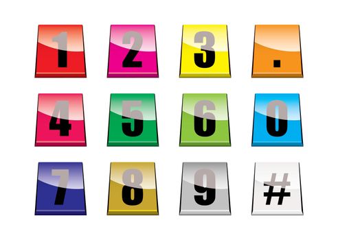 Collection of brightly coloured number tabs with light reflection