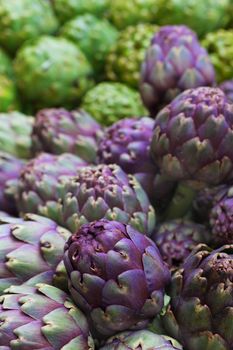 Pile of green and purple Italian Artichokes at the farmers market