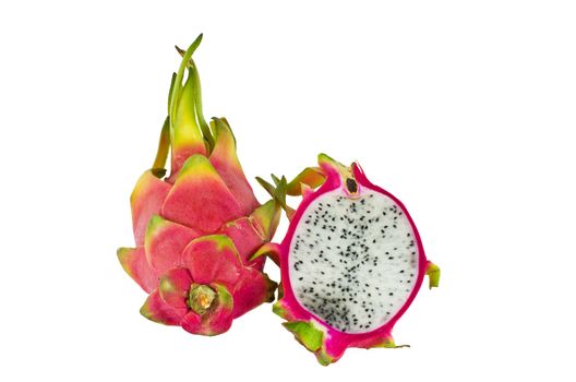 A BRIGHTLY COLORED DRAGON FRUIT AGAINST WHITE BACKGROUND