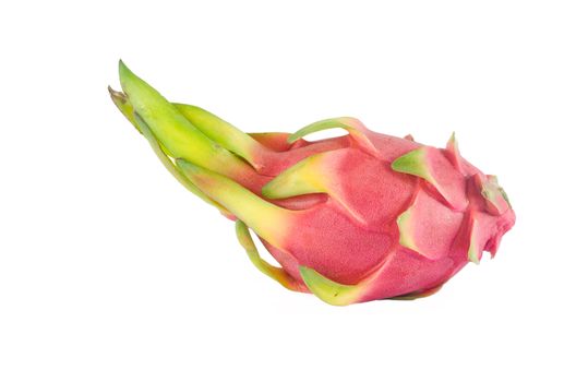 A BRIGHTLY COLORED DRAGON FRUIT AGAINST WHITE BACKGROUND