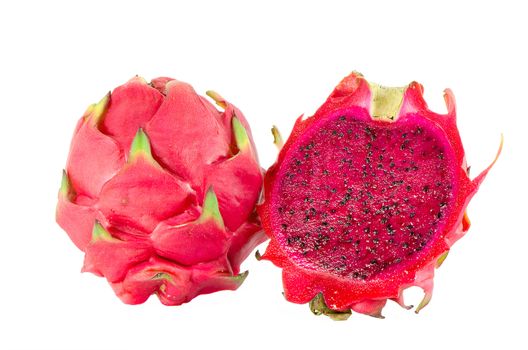 Healthy red dragon fruit against white background