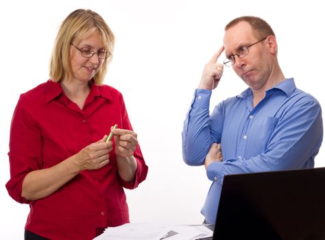 Two business people working