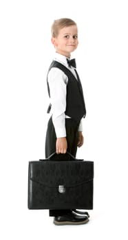 Boy holding a briefcase isolated on white background