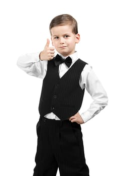 Boy holding a briefcase isolated on white background