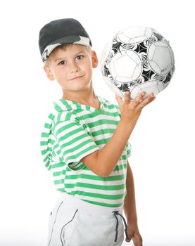 Boy holding soccer ball isolated on white background