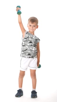 Boy holding dumbbells isolated on white background