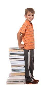 Boy and books isolated on a white background