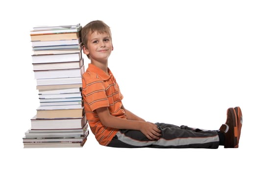 Boy and books isolated on a white background