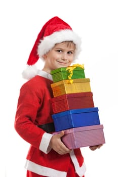 Boy holding a christmas gift isolated on white background