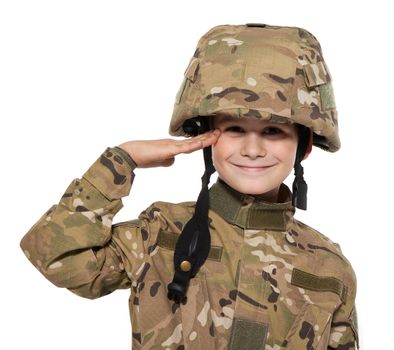 Saluting soldier. Young boy dressed like a soldier isolated on white