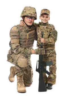 Military Father and Son isolated on white background