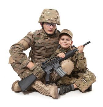 Military Father and Son isolated on white background