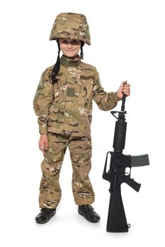 Young boy dressed like a soldier with rifle isolated on white