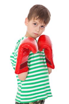 Angry boy pugilist isolated on a white background